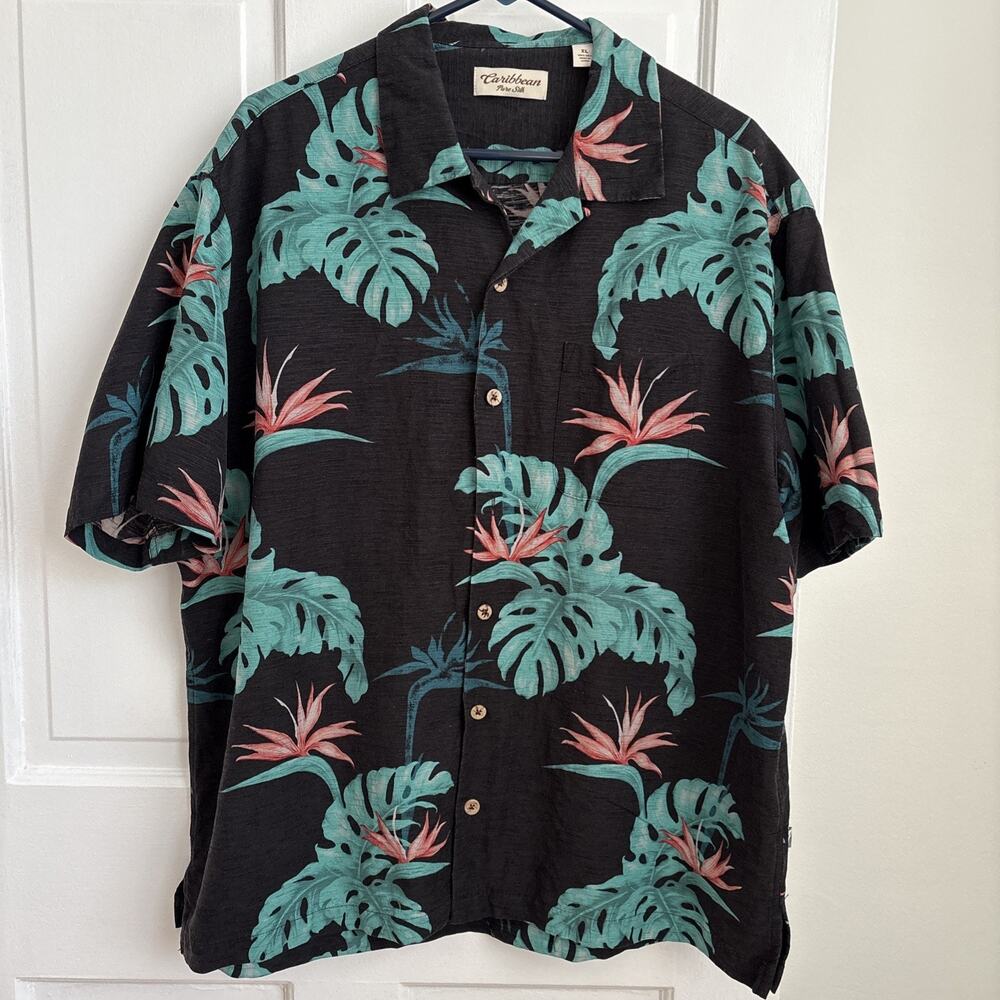 100% Silk Caribbean Pure Silk Men's Button Down Hawaiian Tropical Resort | XL
